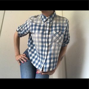 Mossimo Supply & Co. Blue Plaid Crop Top Three Quarter Sleeve Button Down Shirt